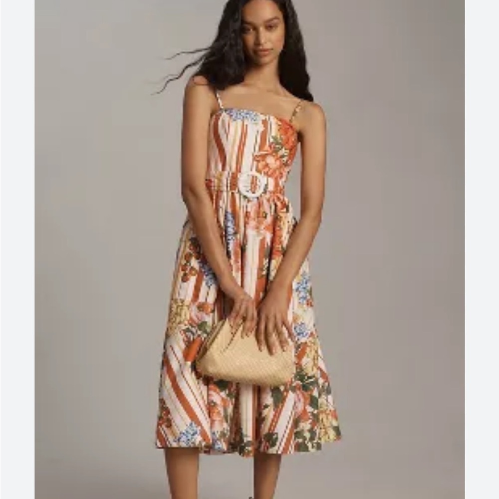 Anthropologie Maeve Strapless Belted A Line Midi Dress Red Floral Pockets XS NEW